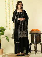 Myshka Women's Black Georgette Kurta & Skirt With Dupatta Party Sets