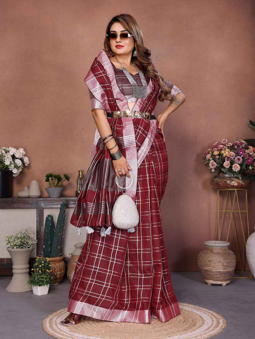 Aastha Fashion Red Linen Weaving Saree - Distacart
