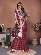Aastha Fashion Red Linen Weaving Saree - Distacart