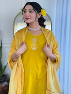The52 Yellow Women's Beautiful Embroidered Rayon Fabric with Straight Kurta, Pant and Dupatta Set - Distacart