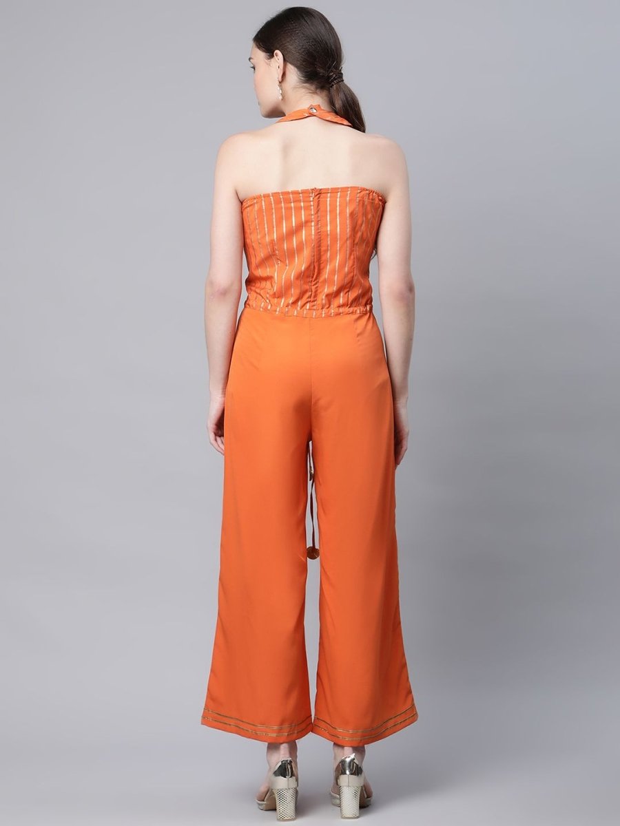 Ahalyaa Womens Orange Crepe Gold Stripped Print Jumpsuit - Distacart