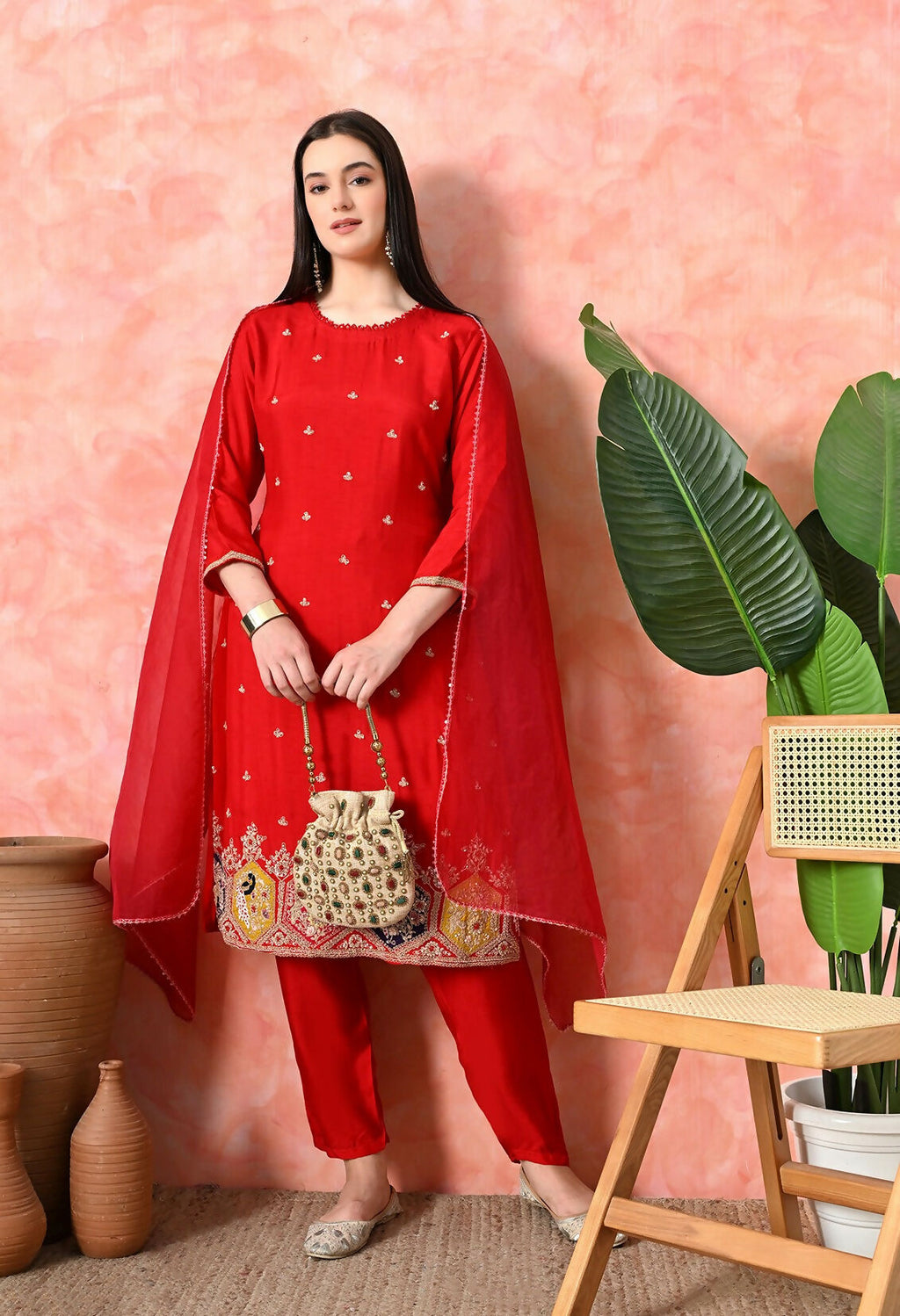 Joban Fashion Red Premium Pure Viscose Print Dola With Handwork Kurta Set