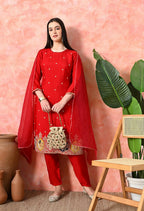 Joban Fashion Red Premium Pure Viscose Print Dola With Handwork Kurta Set