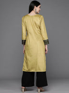 Ahalyaa Women Floral Yoke Design Gotta Patti Velvet Kurta - Mustard Color