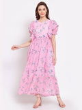 Myshka Women's Pink Printed Georgette Half Sleeve Round Neck Casual Dress