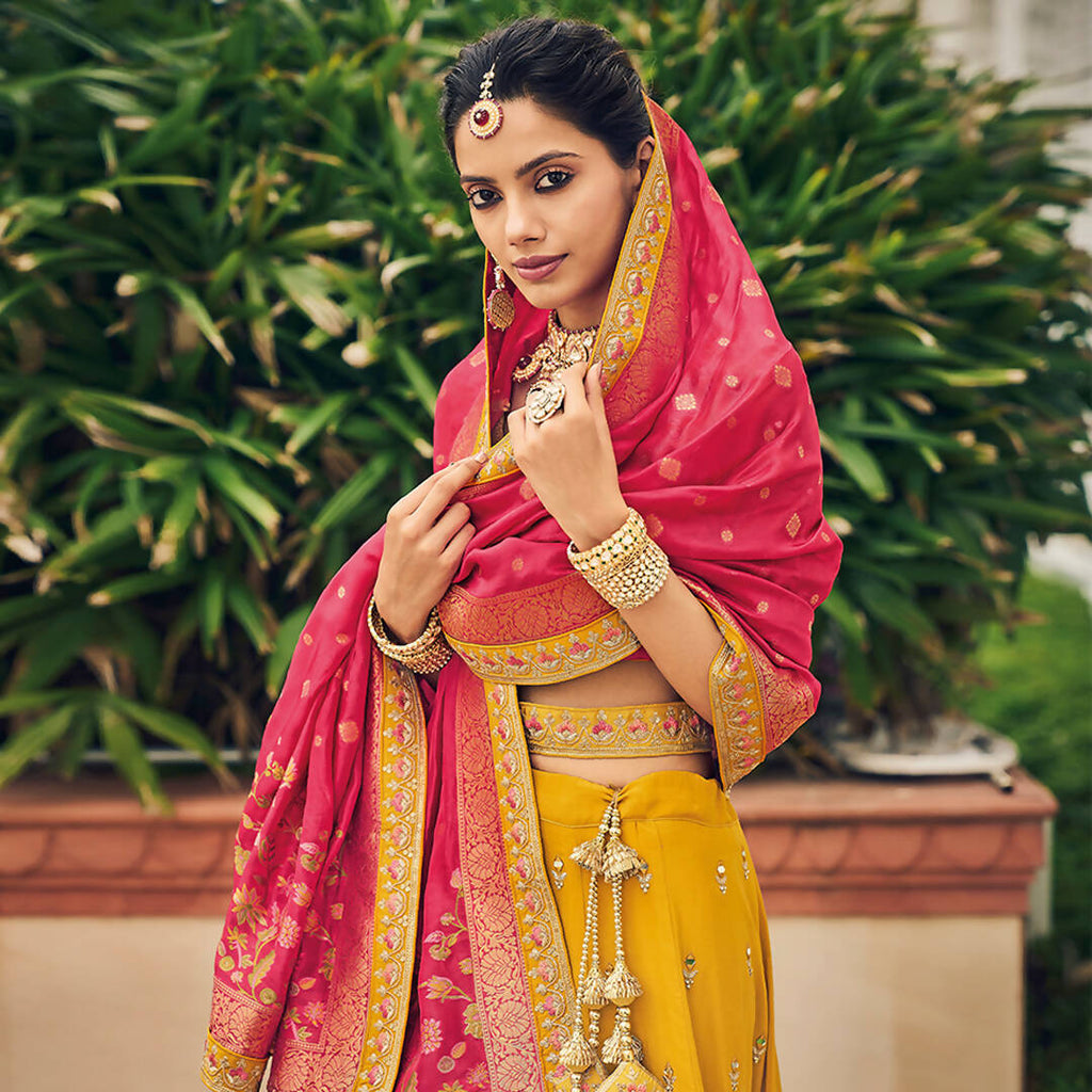 Yellow Heavy Viscose Khatli, Embroidery & Mirror Work Unstitched Lehenga Choli - Sisha Keshav