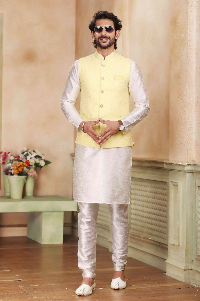 Raivat Ethnic Jacquard Banarasi Silk Woven Work 3 Pics Jacket Set In Yellow Colour - Distacart