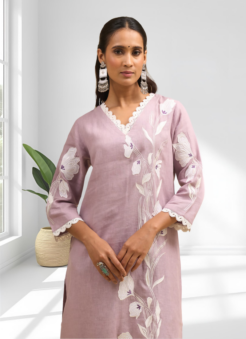 Joban Fashion Pink Linen Embroidered Readymade Long Kurta With Pant - Distacart
