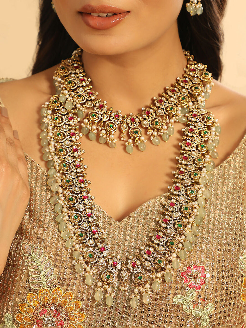Nuyug 18K Gold Plated Divine Gold Tone Beaded Long Necklace Set