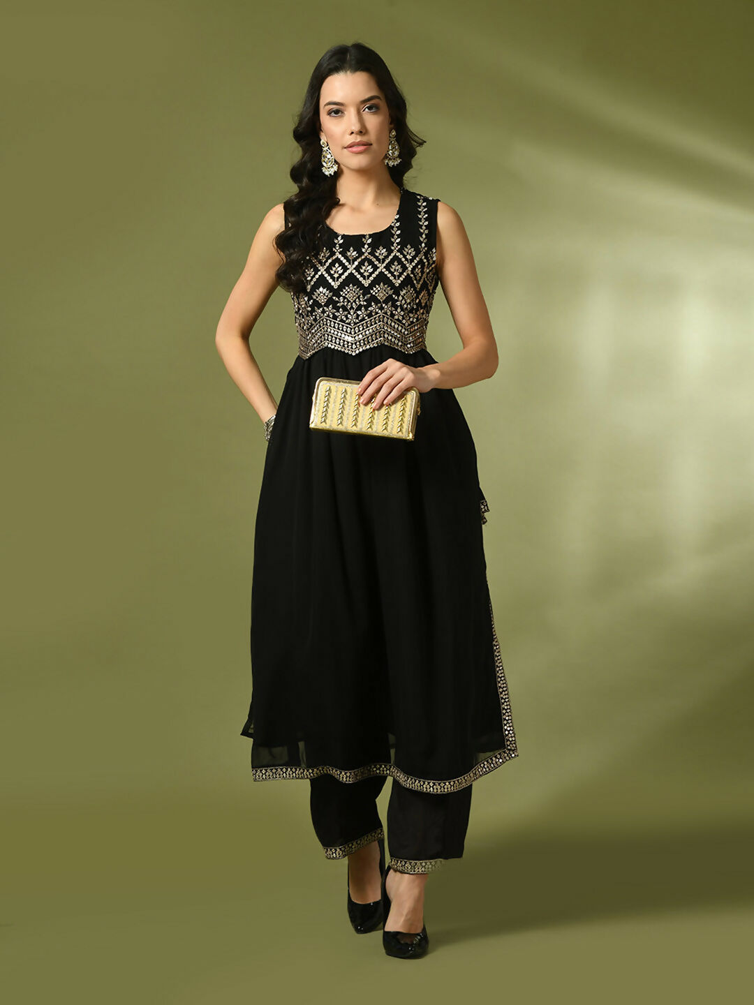 Myshka Women's Black Embroidered Georgette Anarkali Party Kurta Set