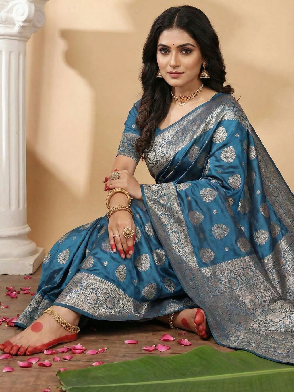 Shree Shyam Fashion Teal Blue Silk Blend Saree - Distacart