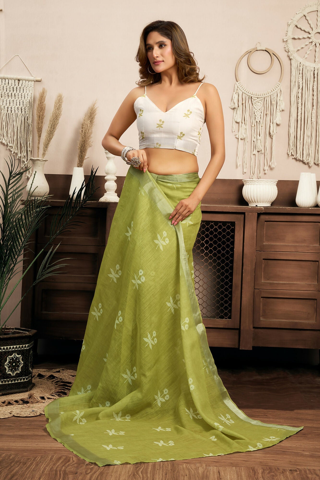 Vastranavya Mehendi Digital Printed Linen Ready To Wear Designer Saree with Unstitched Blouse - Distacart