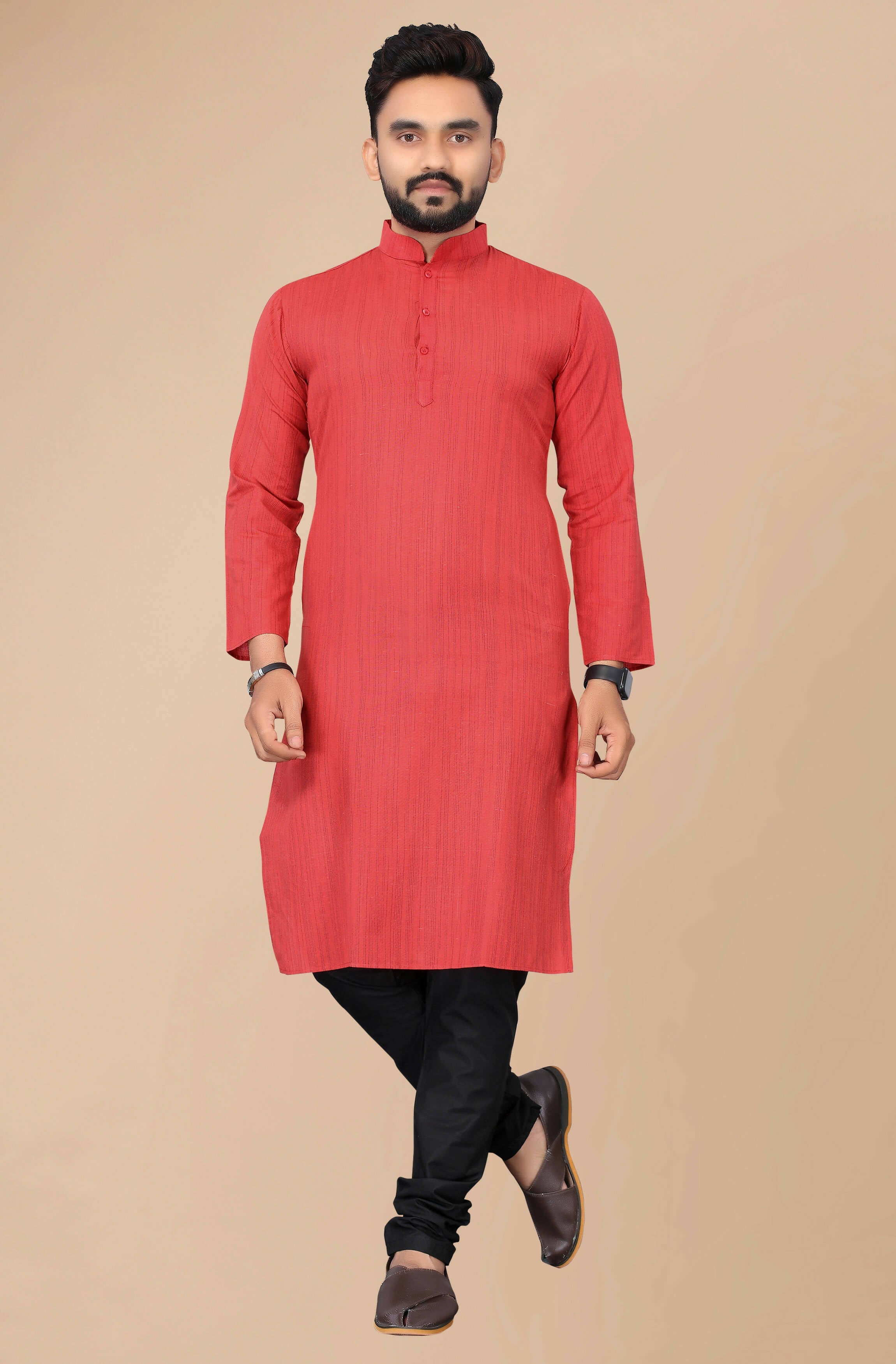 Men's Red Striped Cotton Kurta - Mahotsav