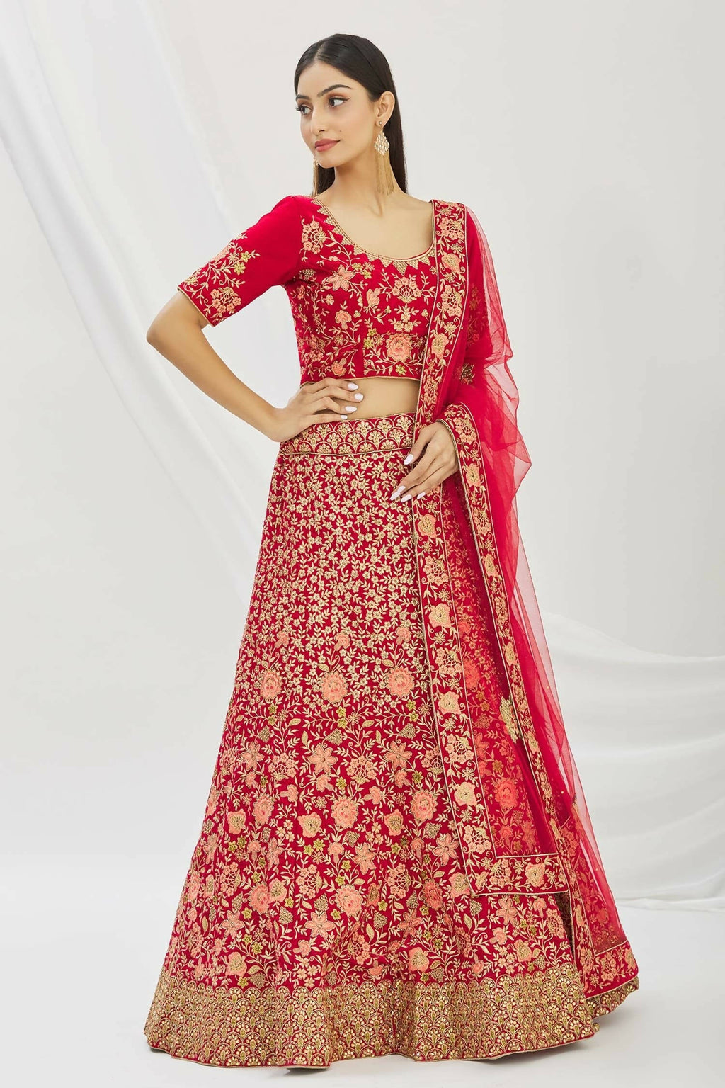 Red Velvet Semi-Stitched Wedding Bridal Lehenga - Nimaya