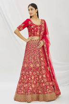 Red Velvet Semi-Stitched Wedding Bridal Lehenga - Nimaya