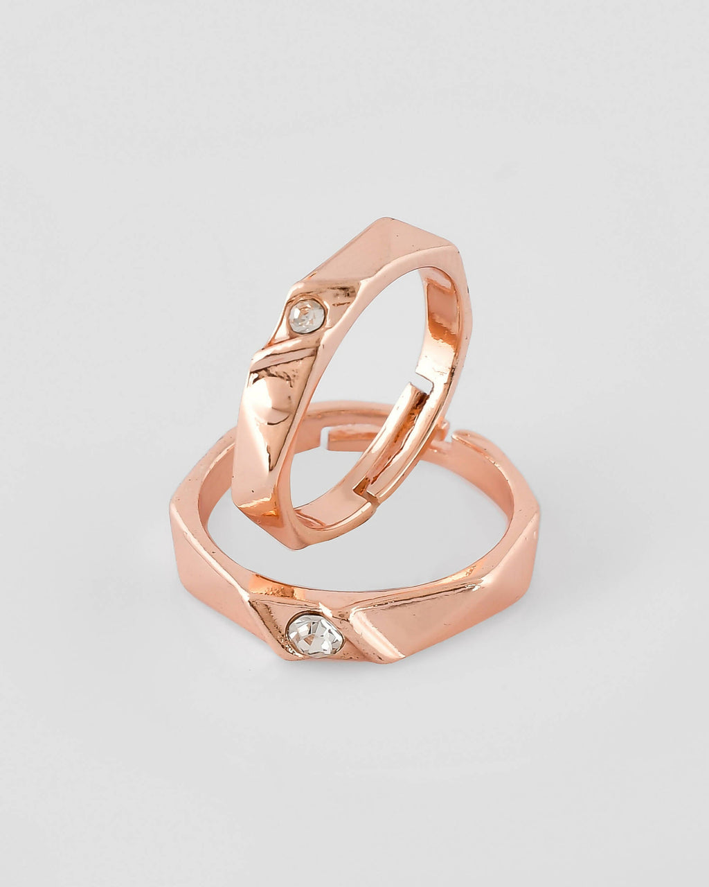 VOJ Stainless Steel Cubic Zirconia Rose Gold-Polished Adjustable Ring Set for Couple