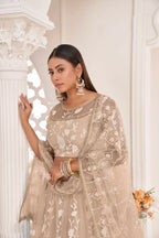Aastha Fashion Dusty Chiku Butterfly Net White Cotton Thread Work, Zari Work And Sandwich Sequence Work Embroidery Wedding Wear Lehenga Choli