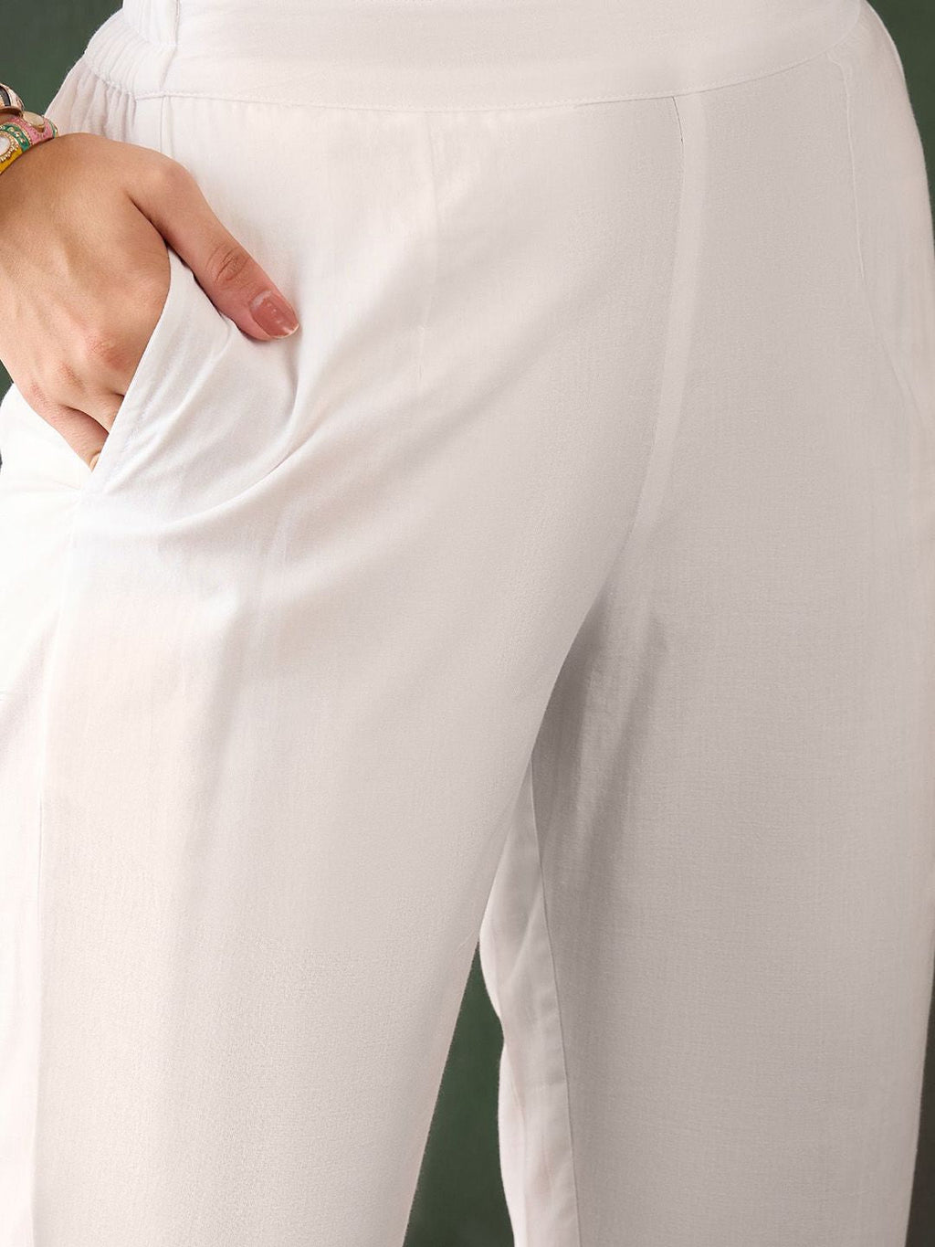 Sangria White Floral Embroidered V-Neck Mirror Work Pure Cotton Kurta with Trousers