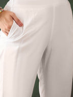 Sangria White Floral Embroidered V-Neck Mirror Work Pure Cotton Kurta with Trousers