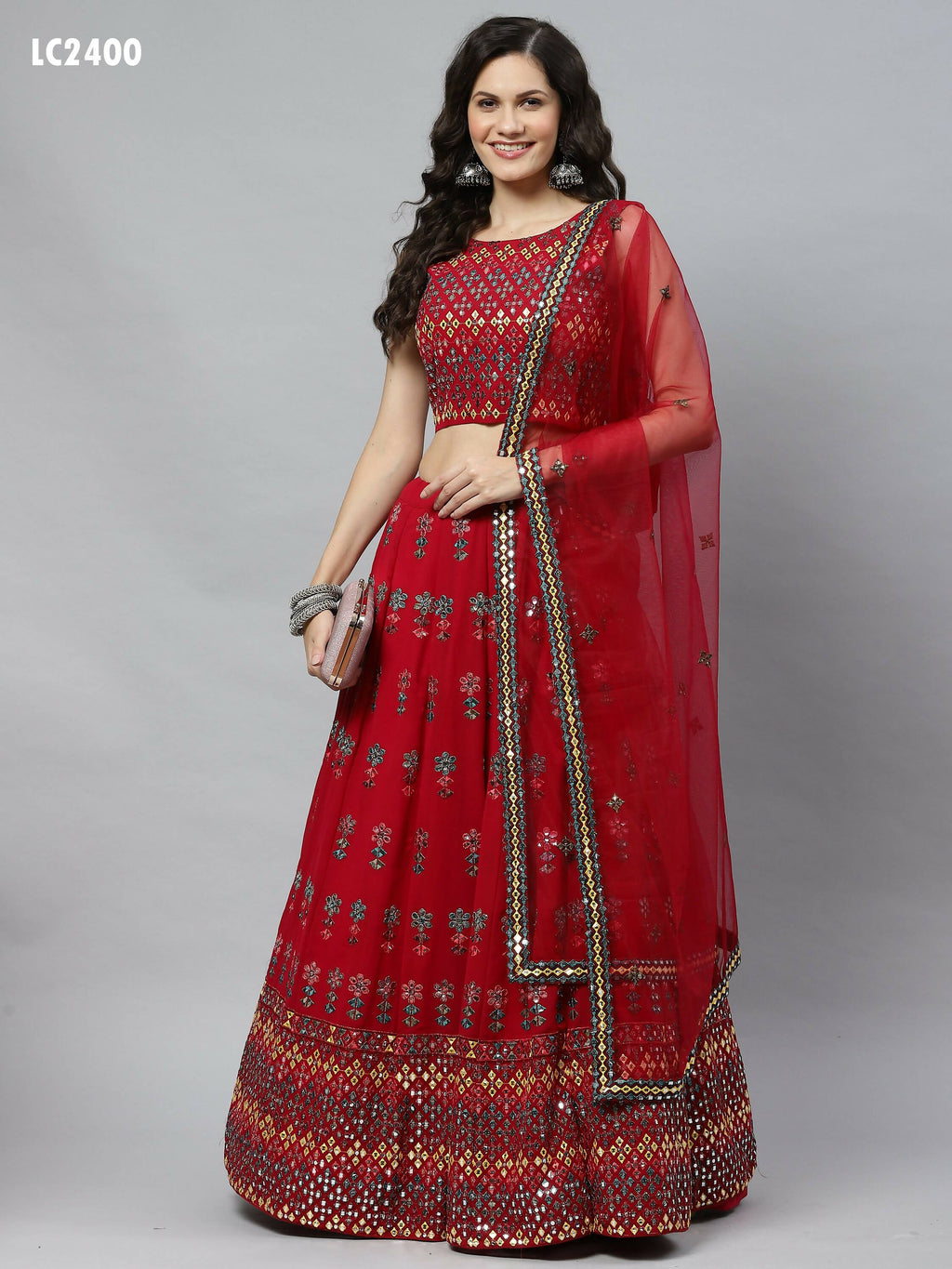 Deep Pink Georgette Heavy Embroidery mirror Work Lehenga Choli with Dupatta - Jivika