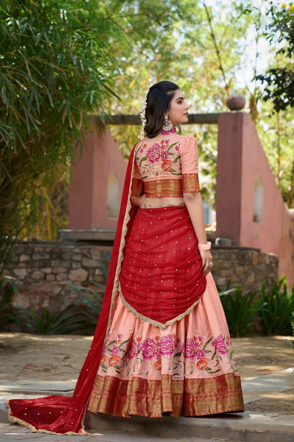 Vastranavya Stunning Cotton Silk Thread Embroidery Work Lehenga Choli - Peach