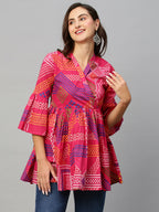 Pink Cotton Geometric Printed A-line Top - Bosky