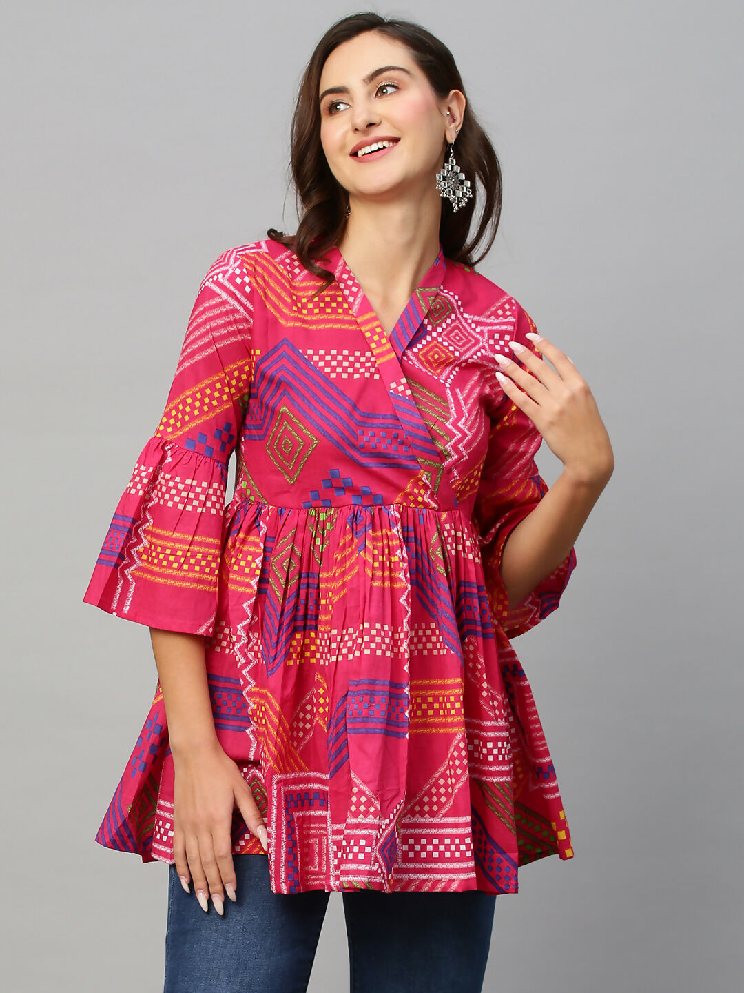 Pink Cotton Geometric Printed A-line Top - Bosky