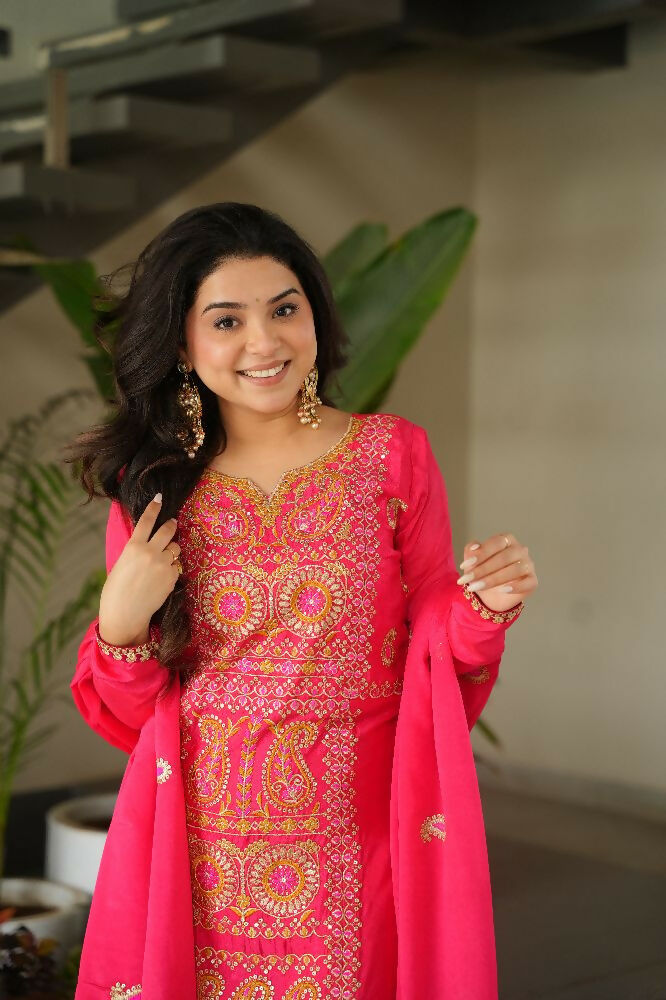 Joban Fashion Gajri Kurta Set Silk Sequins , Zari, Coding & Thread Embroidered work - Distacart