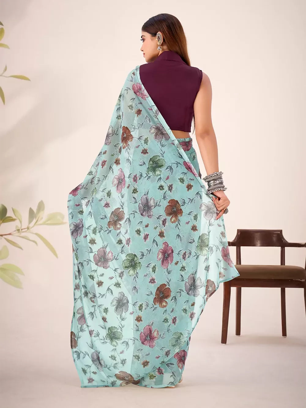 Vastranavya Sea Green Lurex Brasso Floral Printed Saree with Unstitched Blouse - Distacart