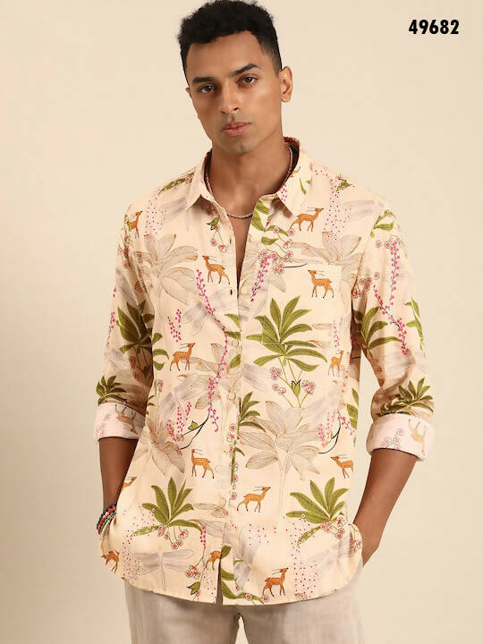 Beige Men Pure Cotton Relaxed Opaque Printed Casual Resort Shirt - Mahotsav