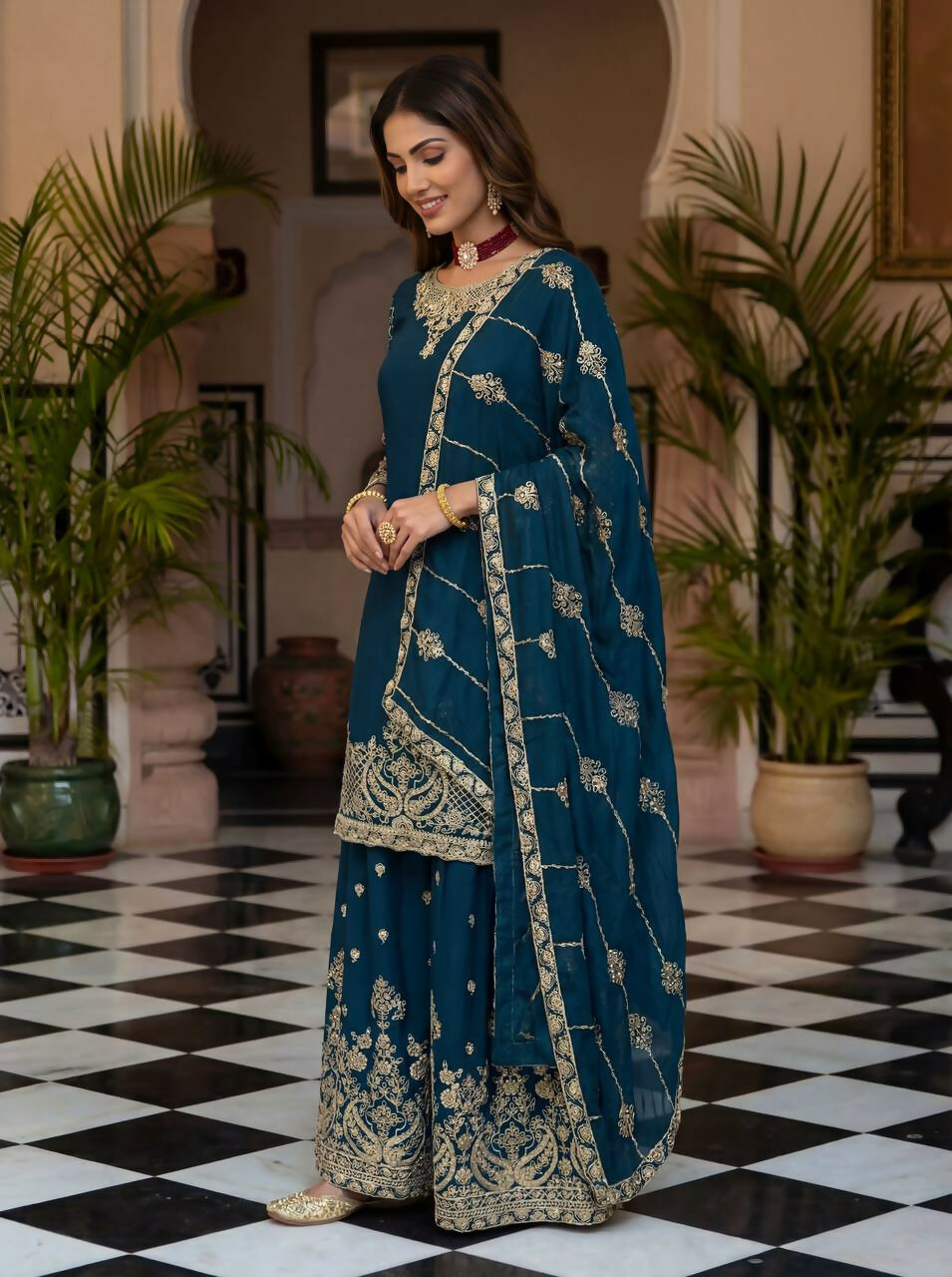 Teeya Creation Teal Chinon Silk Designer Wedding Wear Embroidery Work Palazzo - Distacart