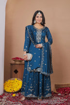 Lehenga Mart Designer Sharara Suit With Kurta, Sharara, Dupatta For Women-Teal Blue - Distacart