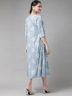 Yufta Women Blue & White Floral Printed Ethnic A-Line Midi Dress with Jacket