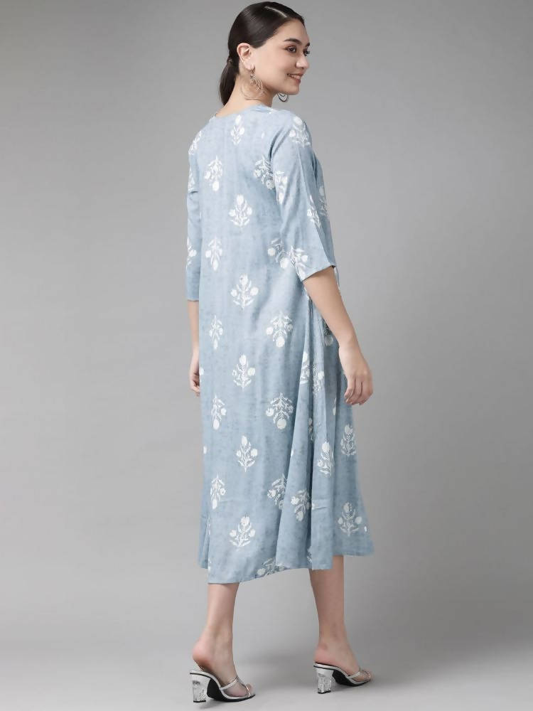 Yufta Women Blue & White Floral Printed Ethnic A-Line Midi Dress with Jacket