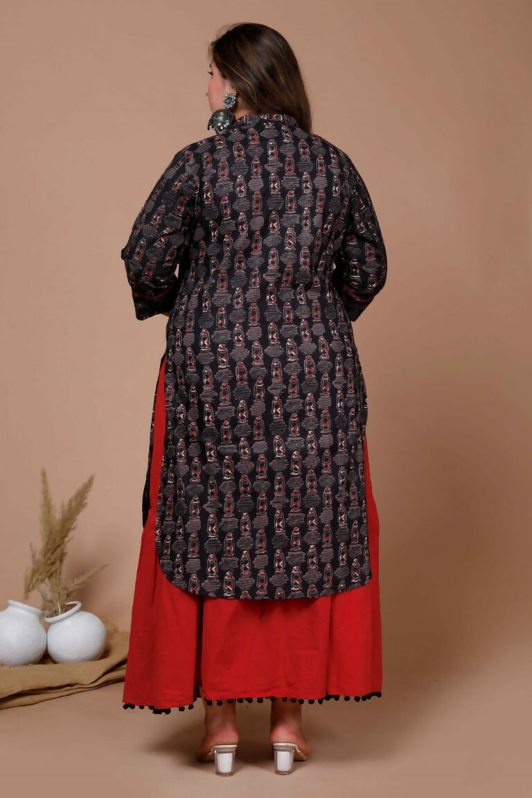 Miravan Women's Plus Size Black Printed Pure Cotton Kurta With Skirt