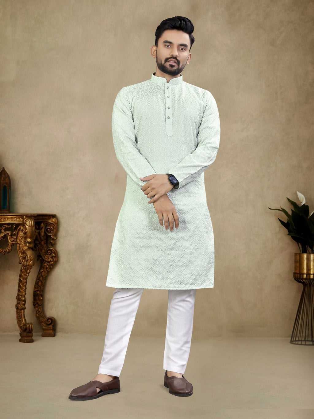 Anaita Sky_Blue Lucknowi Work Silk Straight Kurta
