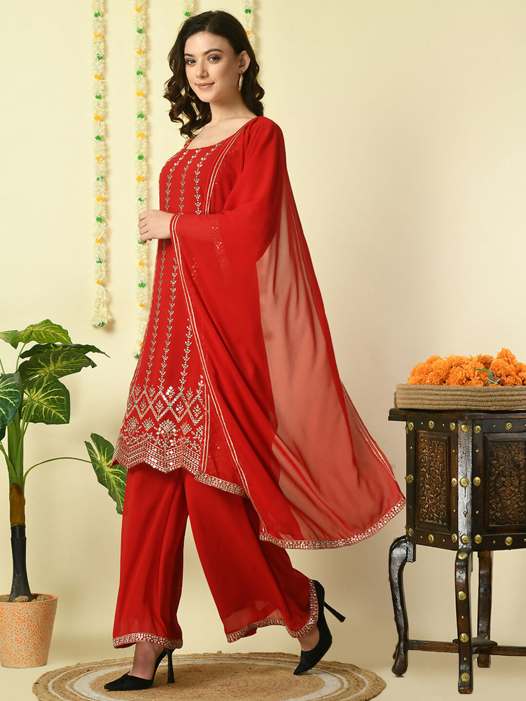 Myshka Women's Red Georgette Kurta & Palazzos With Dupatta Party Sets