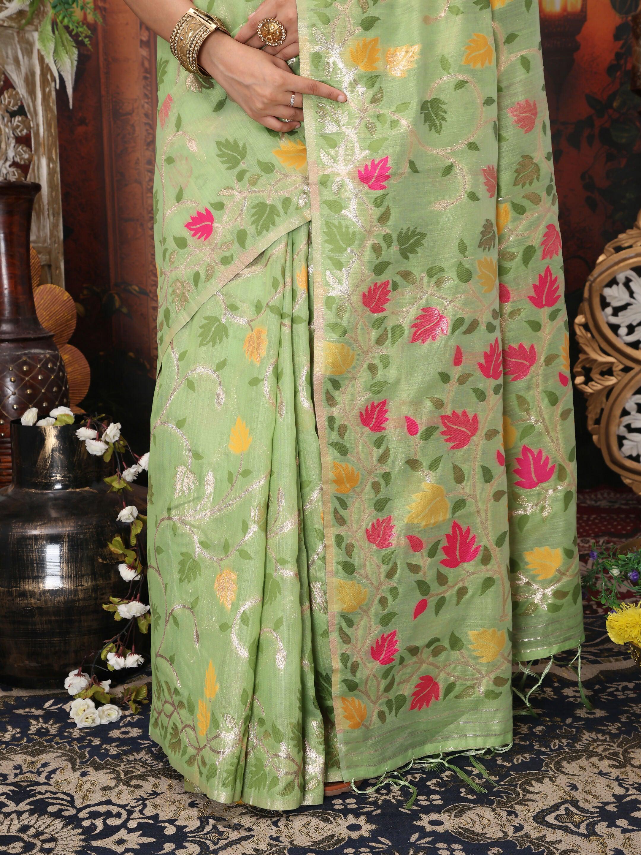 Shree Shyam Fashion Linen Cotton Green Saree - Distacart