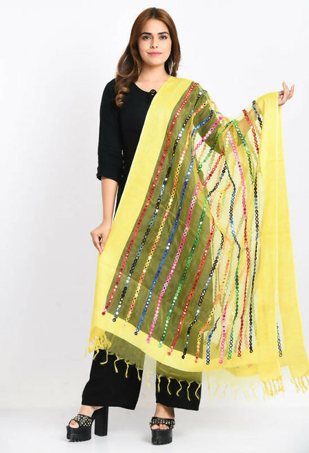 Mominos Fashion Moeza Women's Orgenza Multi Thread Mirror Work Lemon Yellow Dupatta