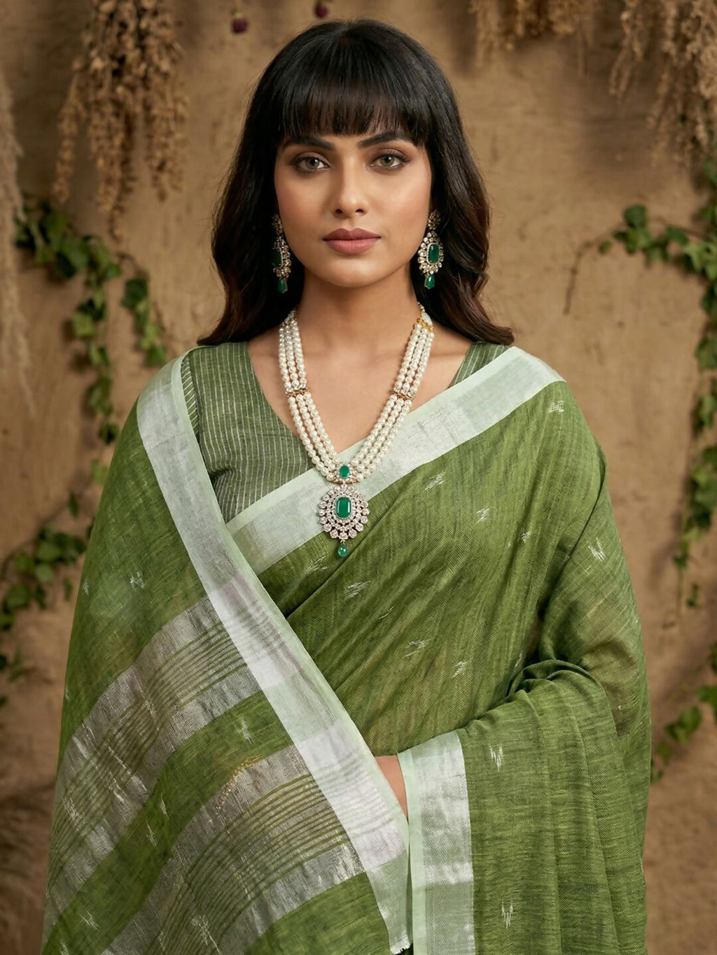 Shree Shyam Fashion Green Linen Cotton Saree - Distacart