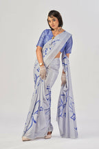 Vastranavya Sea Blue Satin Silk Elegant Printed Saree with Unstitched Blouse - Distacart