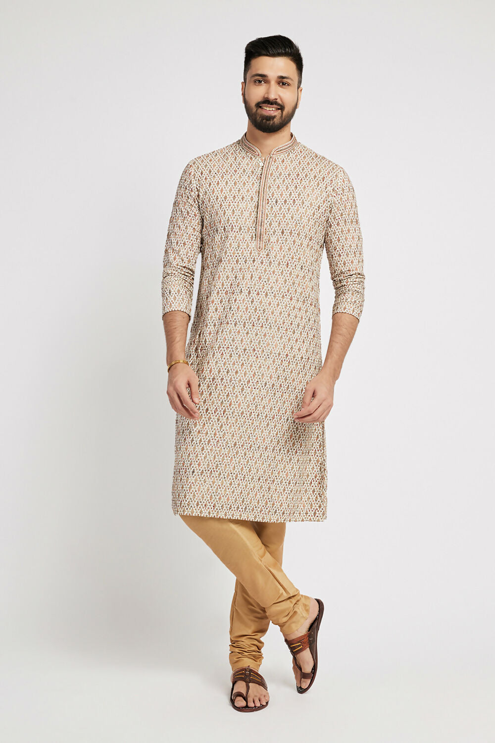 Ethnic India Beige Men's Kurta Embellished Viscose Rayon