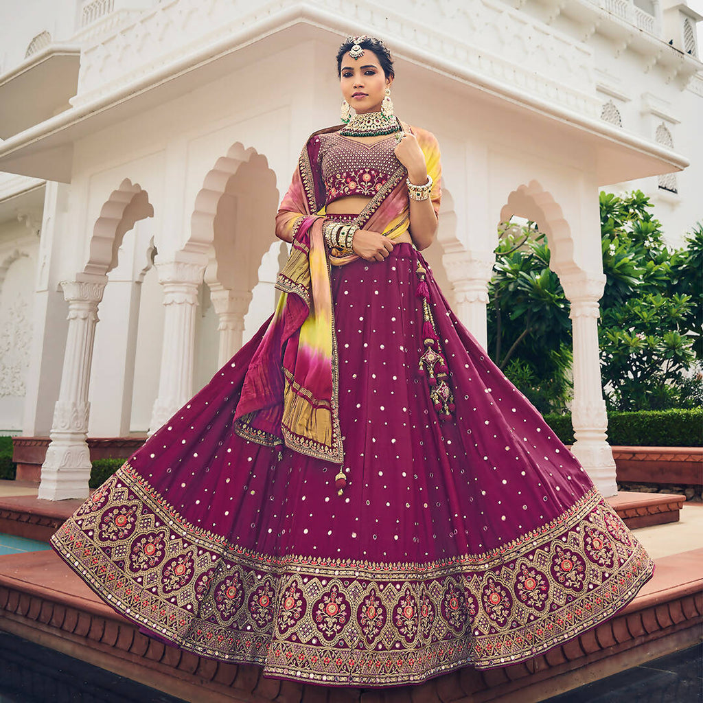 Wine Heavy Viscose Khatli, Embroidery & Mirror Work Unstitched Lehenga Choli - Sisha Keshav