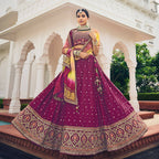Wine Heavy Viscose Khatli, Embroidery & Mirror Work Unstitched Lehenga Choli - Sisha Keshav