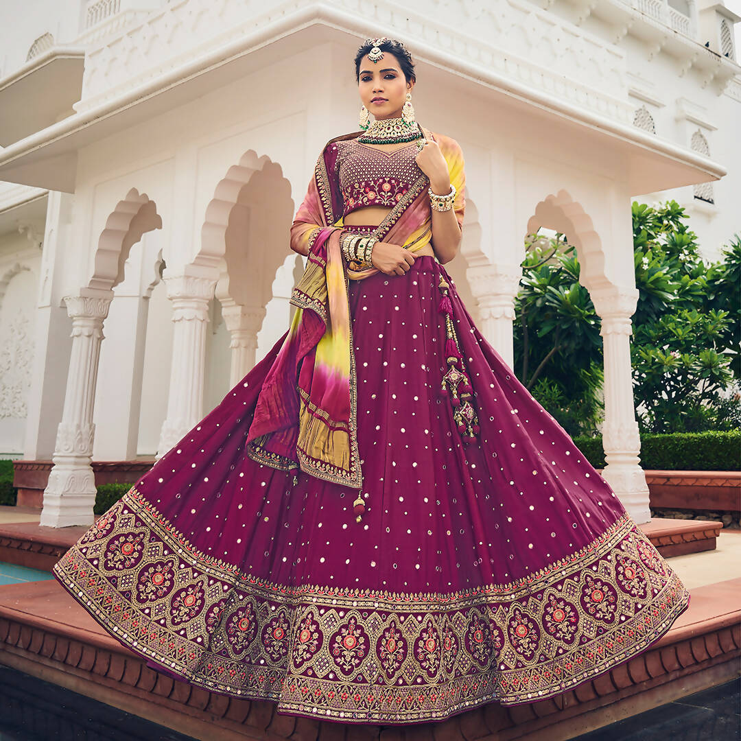 Wine Heavy Viscose Khatli, Embroidery & Mirror Work Unstitched Lehenga Choli - Sisha Keshav
