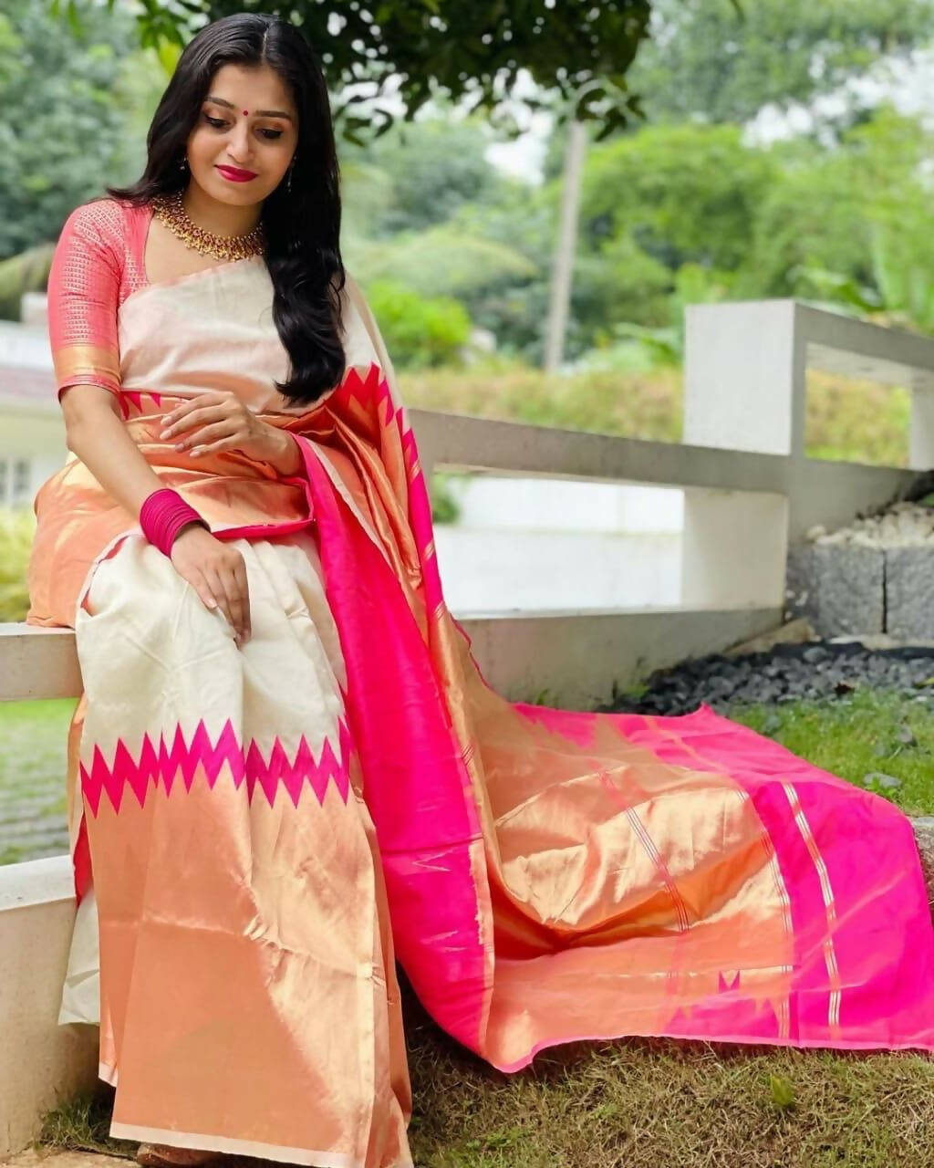 DEIANA'S Beautiful Designer Golden zari Soft Lichi Silk Saree - White