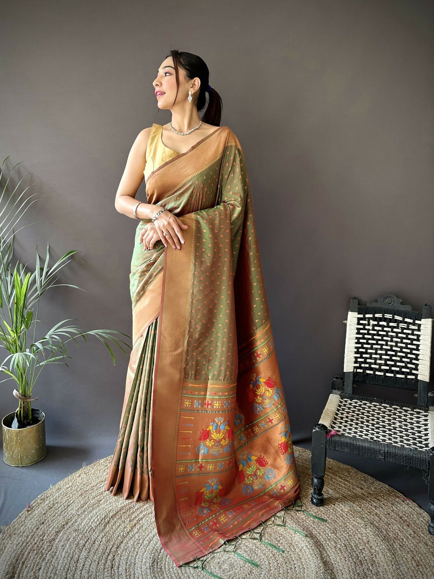 Joban Fashion Olive Green Jacquard Butti Soft Lichi Silk Paithani Saree - Distacart
