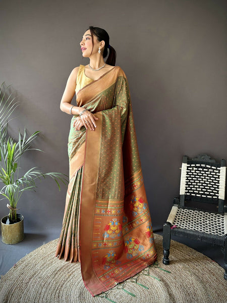 Joban Fashion Olive Green Jacquard Butti Soft Lichi Silk Paithani Saree