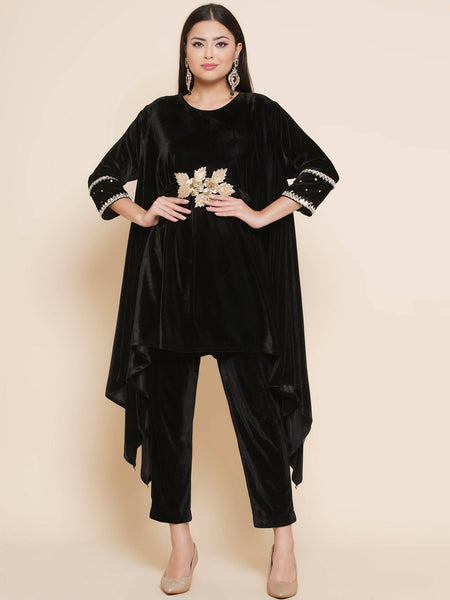 Women Republic Black Velvet Kaftaan Style Kurta With Pants