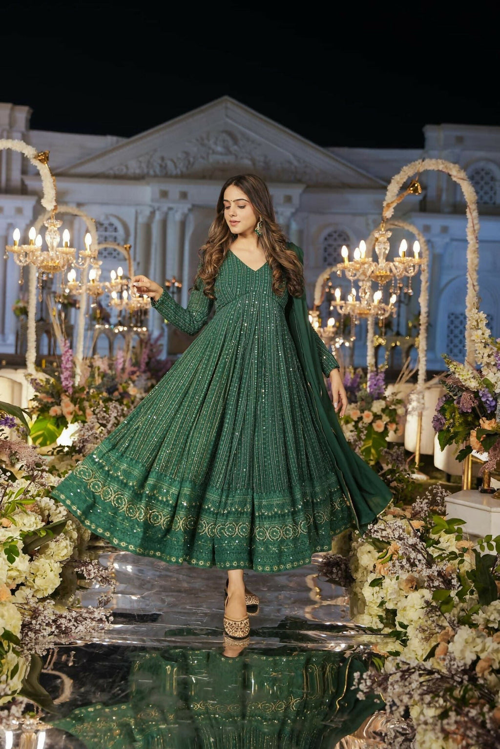 Aayaa Designer Embroidery Zari Sequins Work Faux Blooming Georgette Suit - Green - Distacart